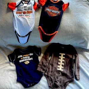 4 onesies 9-12 months Harley Davidson, Nashville predators, and Carters